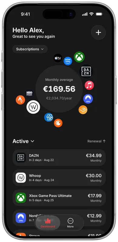 The Snipp app dashboard on iPhone, showing monthly subscription spend and a bubble chart of active subscriptions
